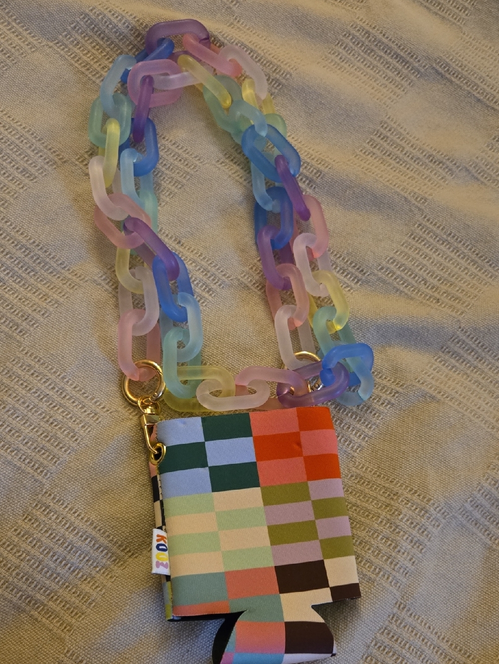 Rainbow Pastel Chain Can Cooler with Multicolor Grid Print